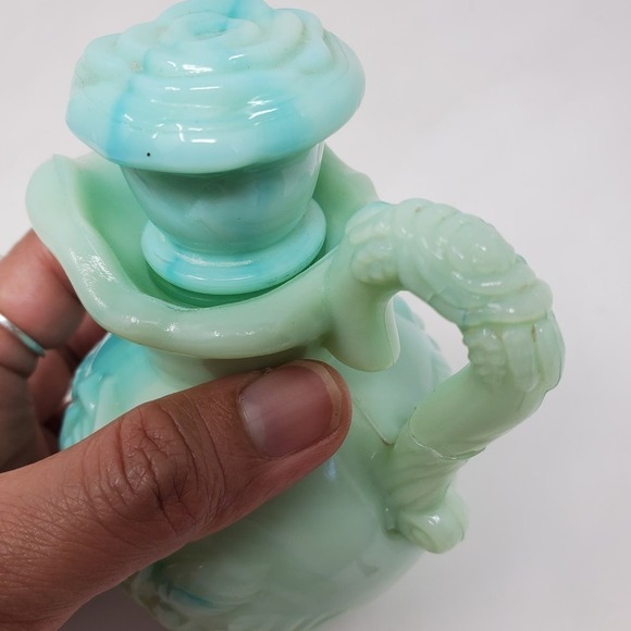 Vintage Avon Bath Oil Milk Glass Decanter Stopper Jadeite Rose Floral Bottle - Picture 8 of 13
